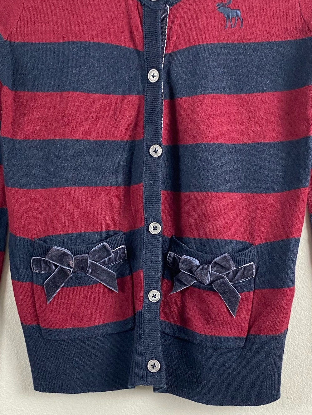 Abercrombie & Fitch Y2K Striped Bow Detail Long Sleeve Cardigan | Burgundy/Navy - Picture 4 of 16